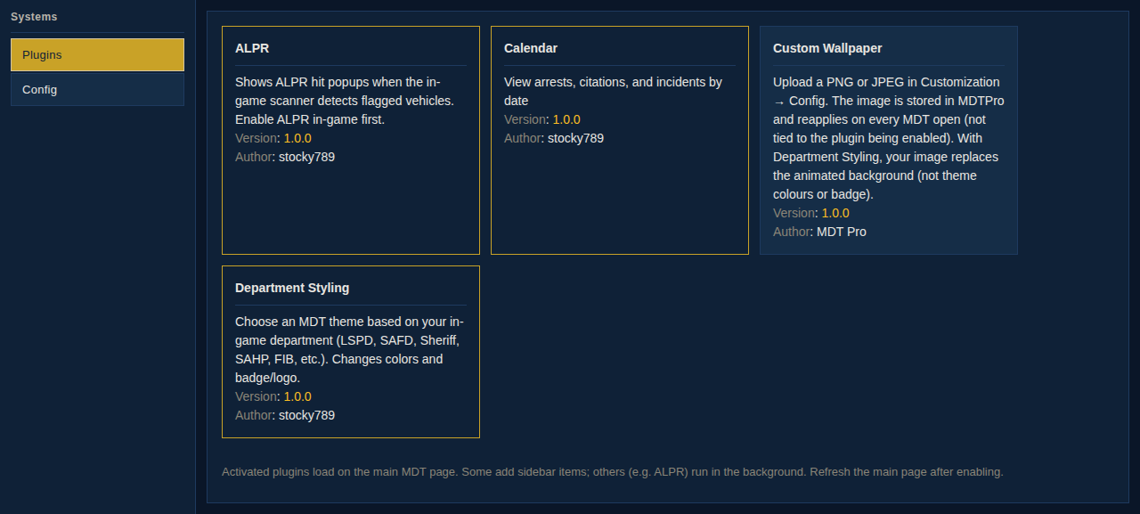 Config and Plugins page showing installed plugins